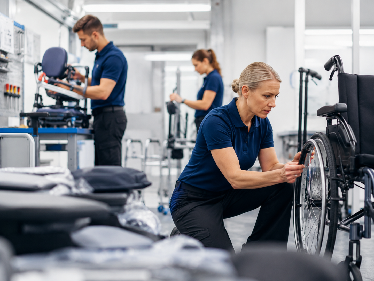 Techniciens contrôlant des équipements de mobilité dans un atelier de maintenance